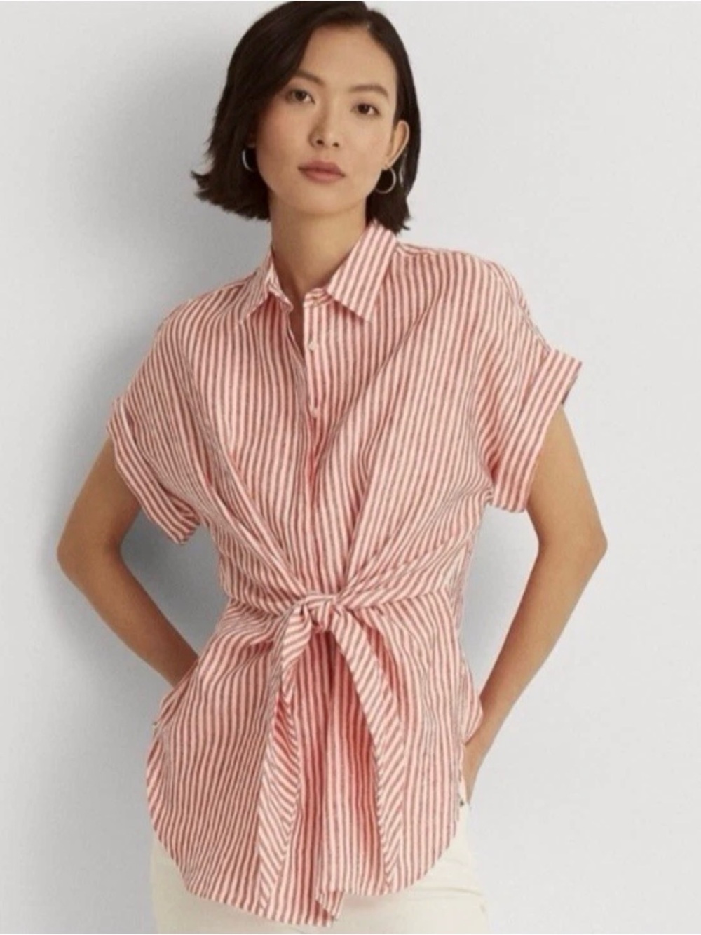 Lauren Ralph Lauren Red and White Striped Tie-Front 100% Linen Button Down Shirt